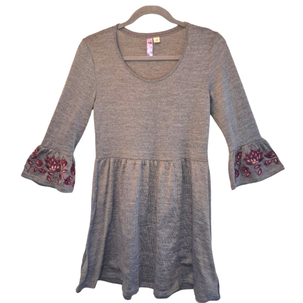 Alya Soft Gray Midi Dress With Embroidered Bell Sleeves Size XS